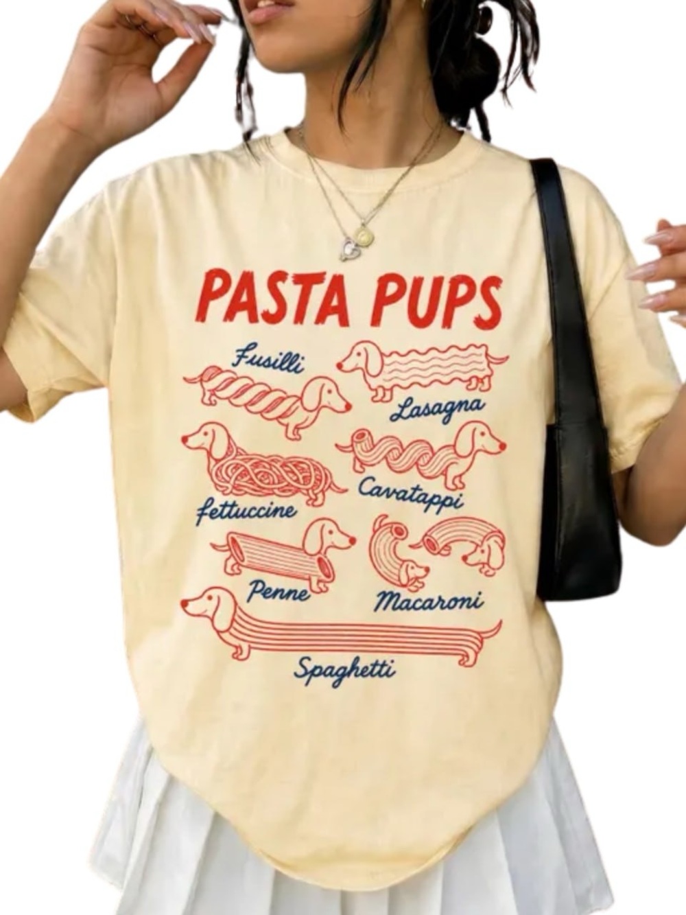 Yellow Pasta Pups Graphic Tee with Red Print